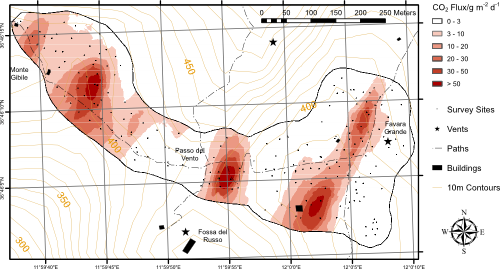 The distribution of CO2 flux around Favara Grande, Pantelleria The distribution of CO2 flux around Favara Grande, Pantelleria