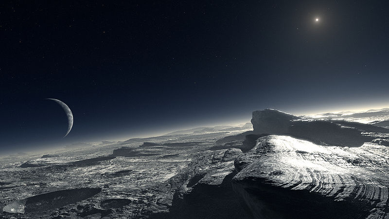 CRIRES model-based computer-generated impression of the Plutonian surface by ESO — L. Calçada, with atmospheric haze, and Charon and the Sun in the sky
