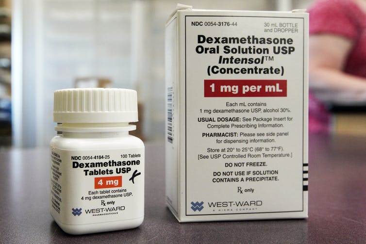 A photo showing a bottle of dexamethasone.